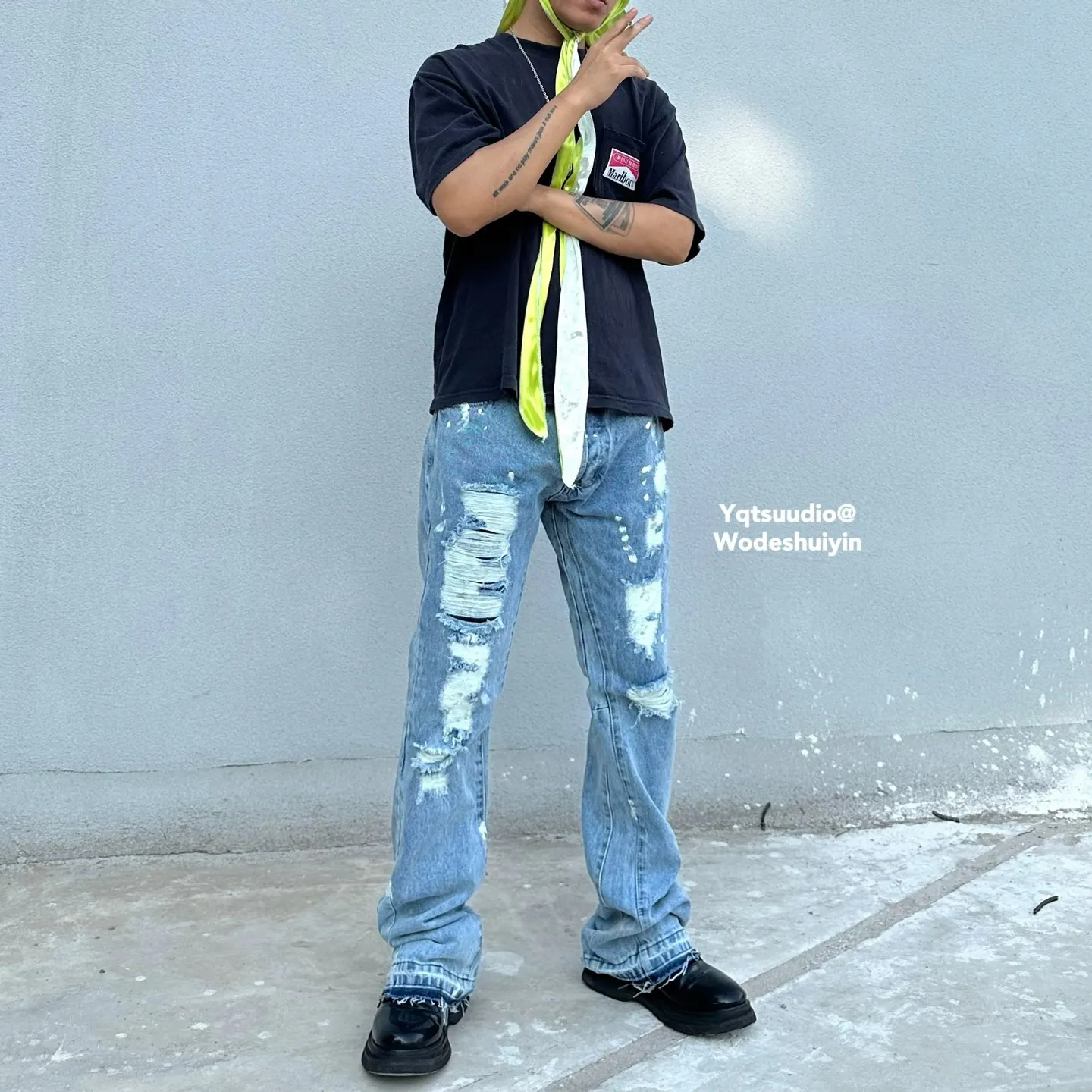 #8149 P250💰 GALLERY DEPT. Vintage hole patched and randomly tied loose washed flared jeans - truly restore the ultimate texture of Vintage - original hardware accessories, washed and other elevators, QR code analysis are all purchased from the original factory, high degree of restoration, you are welcome to compare with a certain product ~ - three-dimensional version, loose and comfortable, not picky about the figure, tall and slim, factory Seiko, original quality control, same style for men and women, can be matched with couples, versatile recommendation, must-have jeans for all seasons -Size: 28 30 32 34 36